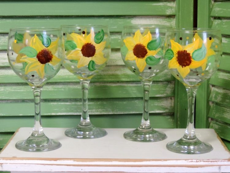 Set of 4 Hand Painted Country Sunflower Wine Glasses