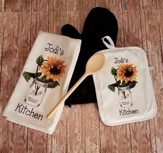 Embroidered Flowers in Mason Jars, Large Kitchen Towels - Dianne